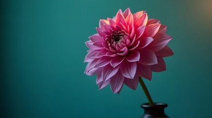 Pink Dahlia in Vase Against Teal Background