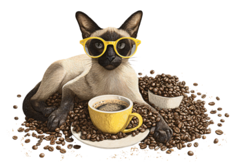 Cool Siamese cat enjoying coffee surrounded by beans, wearing glasses