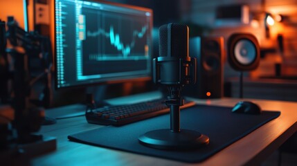 Naklejka premium Closeup of a professional podcast microphone resting on a desk in a recording ready podcasting home studio. Selective focus of podcast equipment in empty room, ready to be used for online streaming