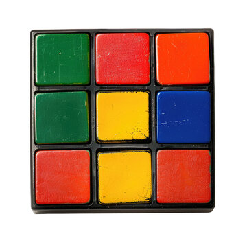 Close-up of a solved 3x3 colored puzzle showing worn squares