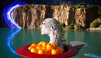 A stone sculpture head, adorned with vibrant oranges, floats above a tranquil lake, surrounded by dramatic cliffs and celestial blue energy.