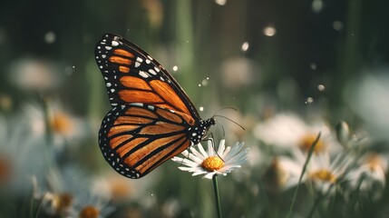 Close-up of a monarch butterfly on a daisy flower with vivid orange and black wings, detailed insect macro showing natural beauty against a blurred background