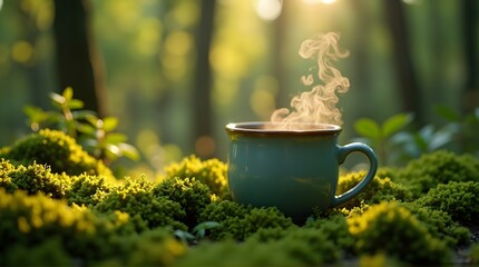 Steaming Cup on Moss in Forest