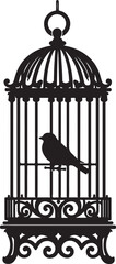 A vintage bird cage design featuring the silhouette of a bird on a branch