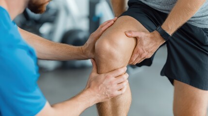 Doctor examines athlete's knee, hands on leg, wearing fitness tracker. Perfect for medical, physiotherapy, or healthcare promotion content.