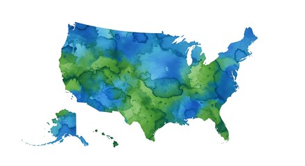 Stylized map of the United States of America with Alaska, created with a vibrant blue and green watercolor wash texture