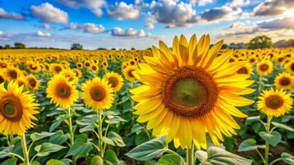 Obraz premium A large sunflower standing tall in a field of sunflowers under a blue sky