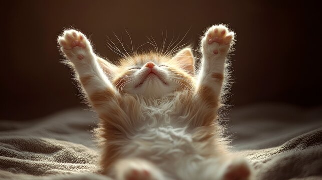 Cute ginger kitten stretching and yawning