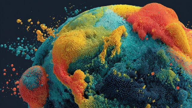 Colorful, textured sphere erupting with splashes