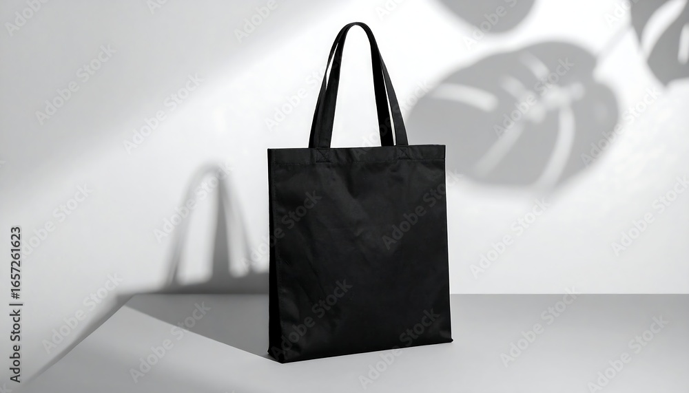 Poster black canvas tote bag standing on white surface with leaf shadows creating a minimalist and ecofrien