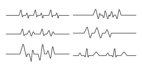 Black heartbeat line collection. Heart rate pulse rhythm, cardiology, medical pulse, ECG, EKG design, healthcare, cardiogram. Vector illustration