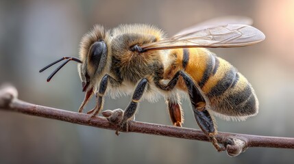 Macro shot of honey bee perched on a thin twig with detailed wings and body textures, close-up insect photography showcasing natural wildlife in sharp focus