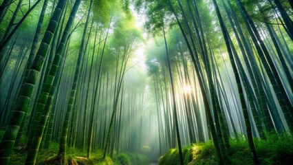 A serene bamboo forest with sunlight filtering through the trees