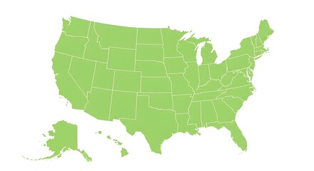 Fototapeta premium Green Map of the USA with State Borders on White Background