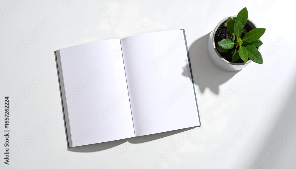 Poster open blank notebook sits on a white desk next to a small potted plant in bright sunlight, creating a