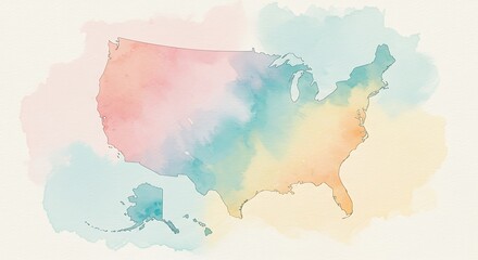 Soft pastel watercolor map of the United States, including Alaska and Hawaii, illustrating geographical boundaries with a gentle, artistic and fluid blend of colors