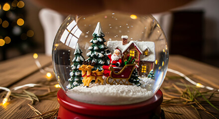 Santa Claus in sleigh with reindeer inside a snow globe with a cozy house and pine trees on a wooden table with blurred festive lights