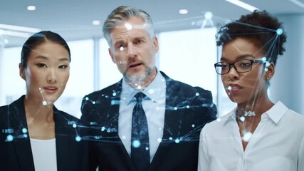 Diverse team of business professionals analyzing complex data on a futuristic transparent screen, collaborating on a high-tech project in a modern . - Powered by Adobe