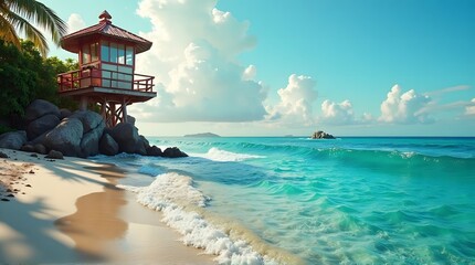 Beach with Lifeguard Tower and Turquoise Ocean