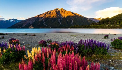 Mountain lake with vibrant flowers at dawn