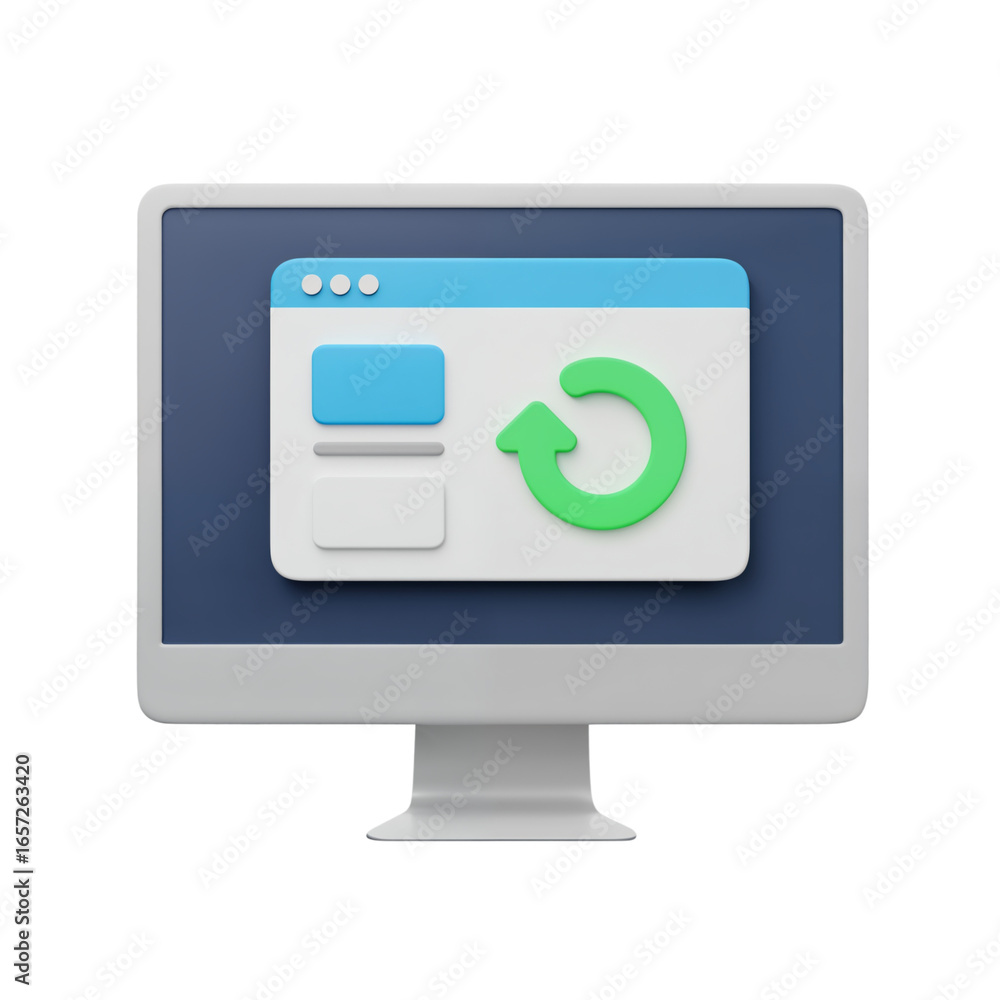 Poster modern computer monitor displaying a refresh icon and a window with abstract elements isolated on tr