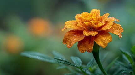 Macro shot of orange marigold flower in bloom with green blurred background, detailed close-up showcasing textures and natural spring floral beauty