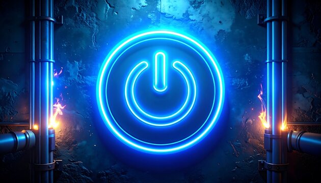 Neon power button graphic on a textured wall.