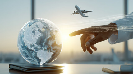 A luminous globe and airplane guided by a pointing hand through digital streams. A smart travel planning concept connecting routes analytics ambition and worldwide opportunity.

