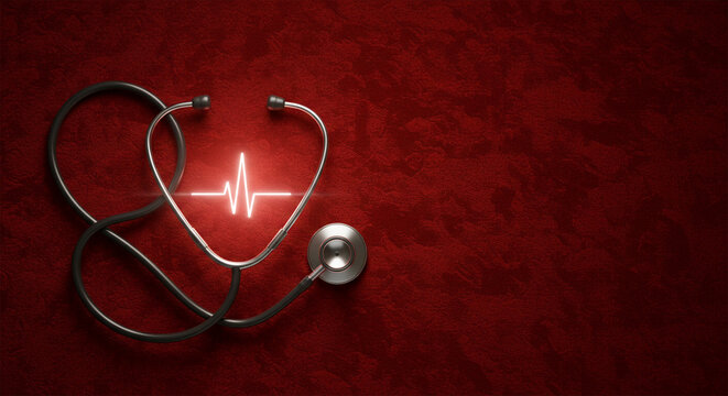 Stethoscope and ekg heartbeat line on red background medical health care concept