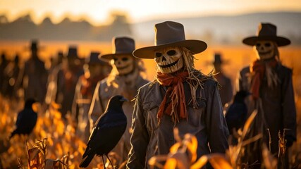 Spooky scarecrow figures sunset field - Powered by Adobe