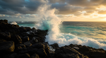 Powerful ocean wave crashes against dark volcanic rocks at dramatic sunset golden hour