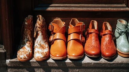 Vintage footwear displayed: a diverse range of leather boots and unique design