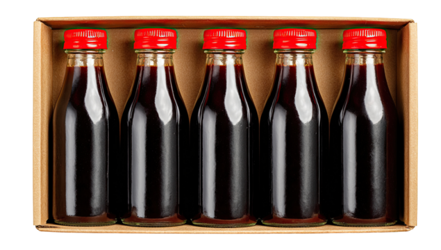 Small bottles of dark liquid in a cardboard box