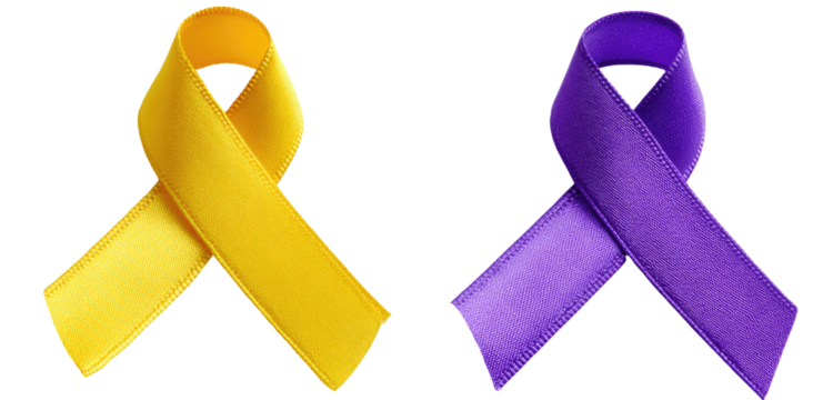Two awareness ribbons, one yellow, one purple