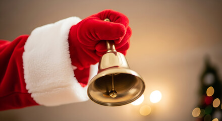 Santa Claus hand in red glove ringing golden bell for Christmas holiday season celebration with festive bokeh lights background