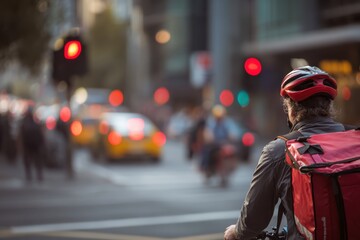 Cyclist in Red Backpack Waiting at Traffic Light in Urban Setting with Blurred Cars