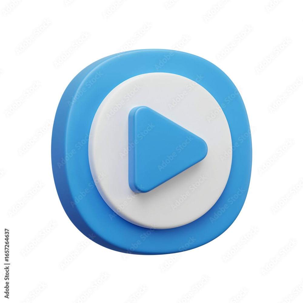 Poster modern 3d rendered blue and white play button icon with a subtle shadow isolated on transparent back