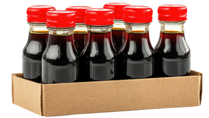 Small, dark brown bottles of liquid in a cardboard box.  Red caps