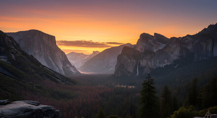 Stunning Yosemite Valley sunrise illuminates El Capitan and Bridalveil Fall with golden glow
