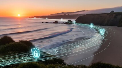 Sunset over rocky coastline with digital security icons flowing along shoreline in cinematic shot - Powered by Adobe