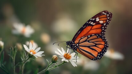 Monarch butterfly perched on daisy flower with blurred green meadow background, detailed close-up of orange wings and black patterns in natural light