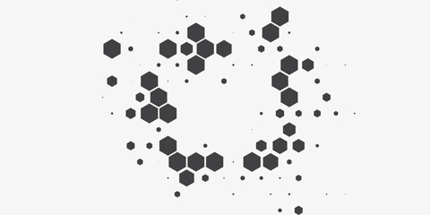 Hexagon halftone gradient texture. Abstract black grunge background. Geometric retro halftone tech overlay. Fading wavy hexagonal pattern backdrop. Vector