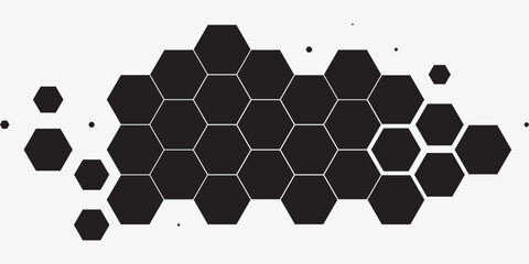 Hexagon halftone gradient texture. Abstract black grunge background. Geometric retro halftone tech overlay. Fading wavy hexagonal pattern backdrop. Vector