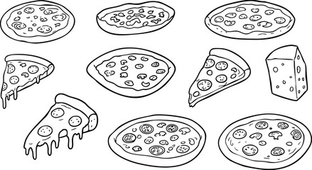 Pizza slices and whole pizzas with cheese illustration in black and white vector drawing 