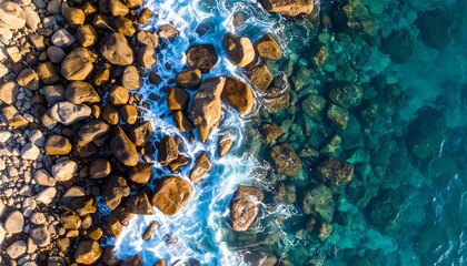 High-angle view of a rocky shoreline meeting vibrant turquoise water, showcasing the interplay of textures and colors.