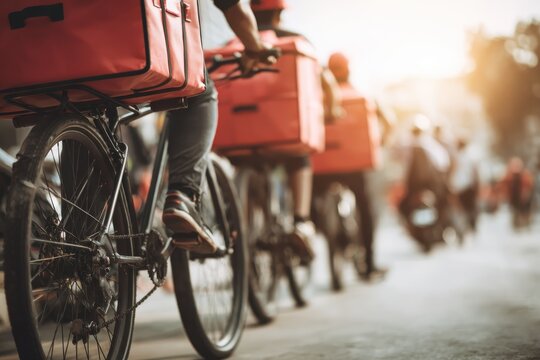 Delivery riders on bicycles with red bags navigating a busy urban street during sunset - Powered by Adobe