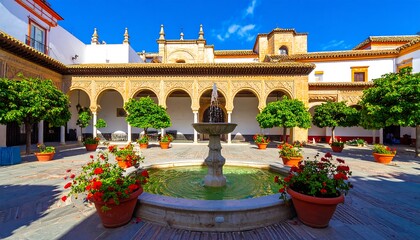 Courtyards with arches, plants, and a fountain.