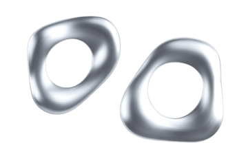 Two smooth, reflective, metallic, abstract shapes resembling rings or ovals