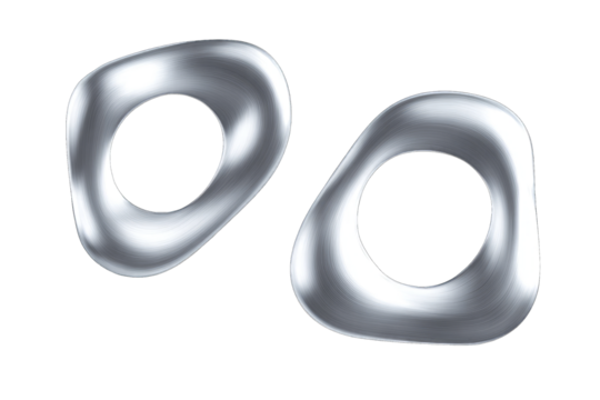 Two smooth, reflective, metallic, abstract shapes resembling rings or ovals