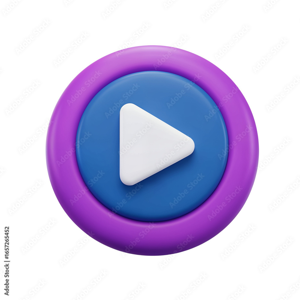 Poster modern 3d rendered play button icon with purple and blue concentric circles isolated on transparent 